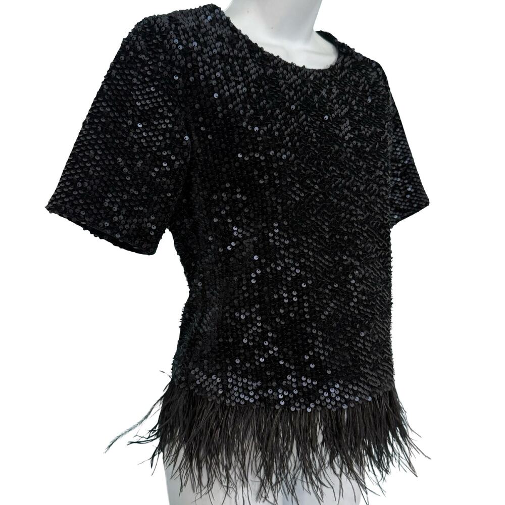 Ann Taylor Black Sequin Short Sleeve Feather Trim Round Neck Shirt Top Size XS - Picture 9 of 11